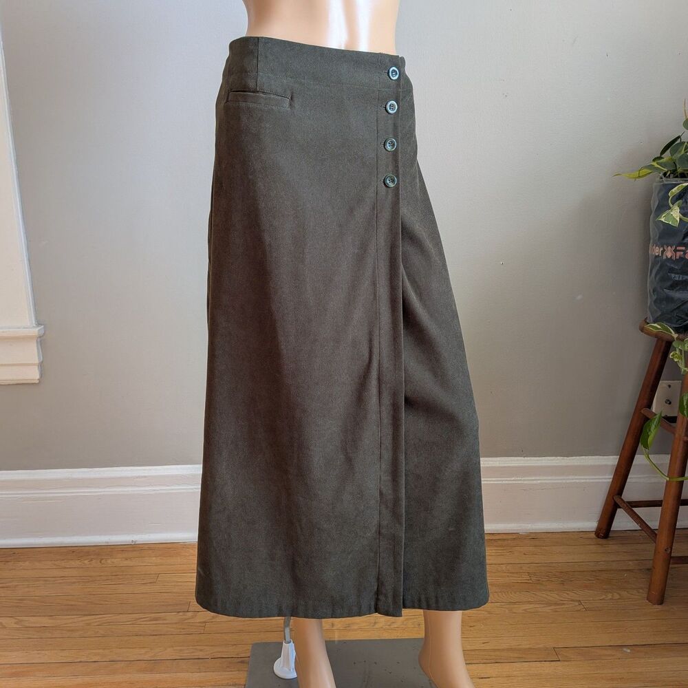 Vintage Y2K Christopher & Banks Green Midi Skirt Button Slit Librarian Size 10